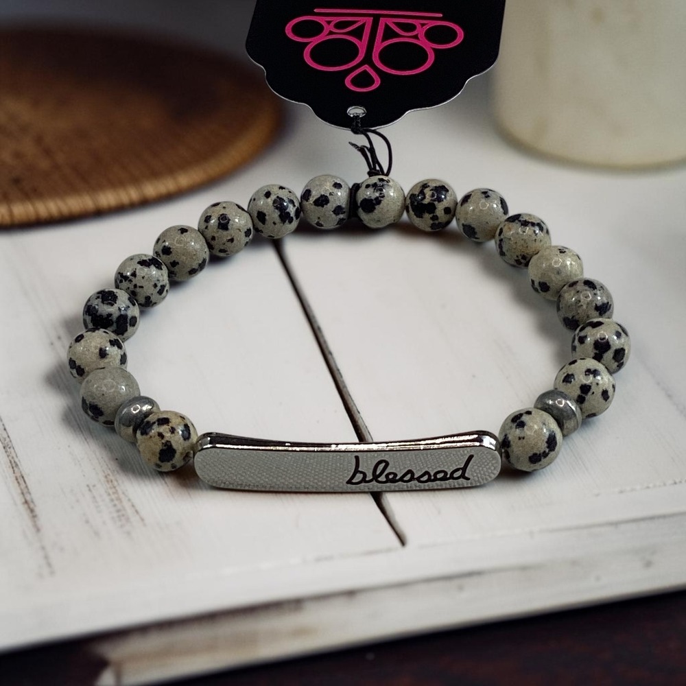 Paparazzi Dalmatian Jasper Beaded Blessed Bracelet Silver Tone Stretch Gemstone‎